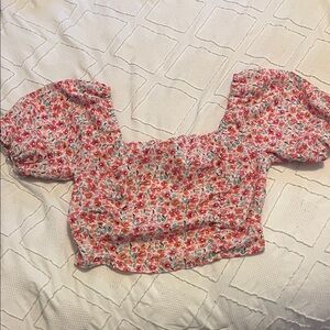 SHEIN Red and Pink Floral Puff Sleeve Blouse